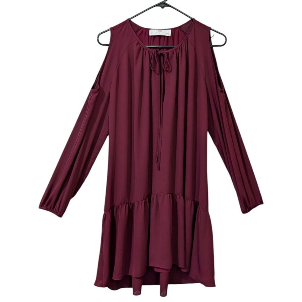 AMANDA UPRICHARD Burgundy Long Sleeve Cold Shoulder Ruffle Hem Lined Dress Small